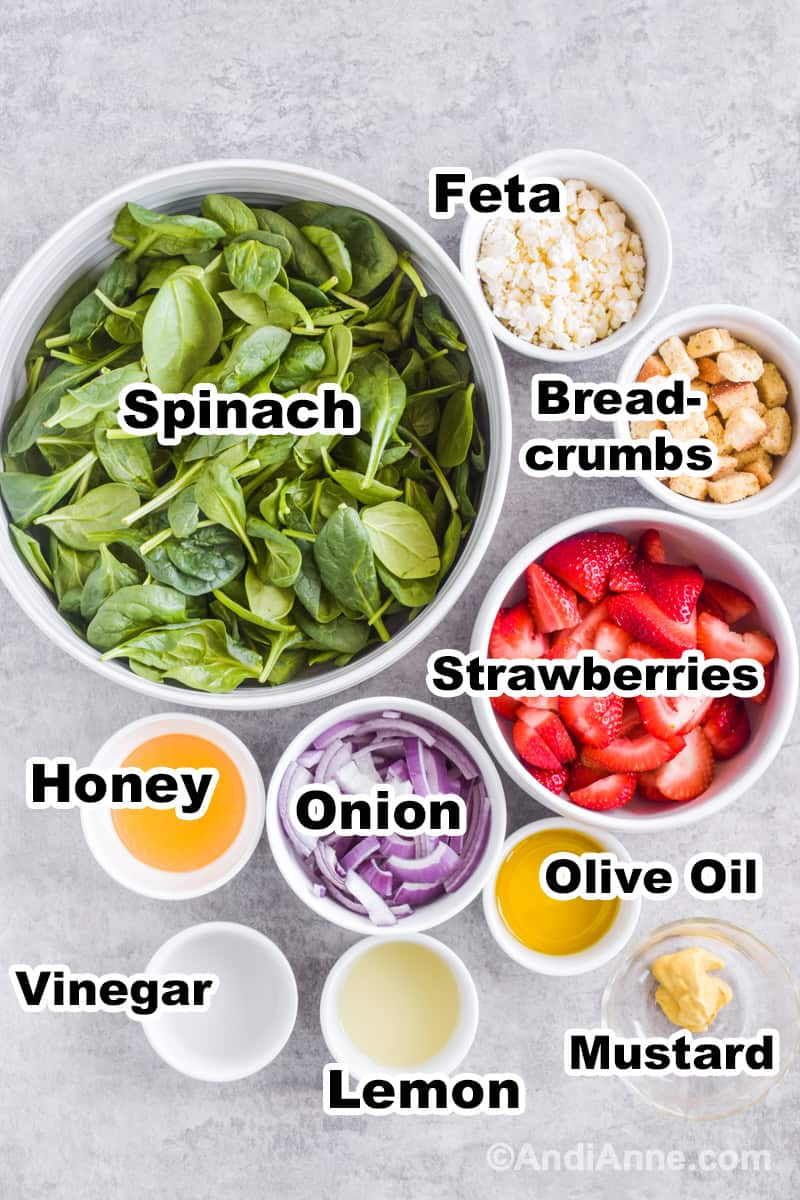 Ingredients to make recipe including bowl of spinach, bowl of sliced strawberries, breadcrumbs, feta, and smaller bowls of dressing ingredients.
