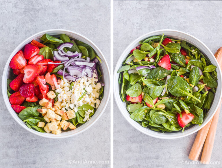 Two images of white bowl: first with strawberries, spinach, feta and croutons. Second with all ingredients tossed together and salad utensils beside.