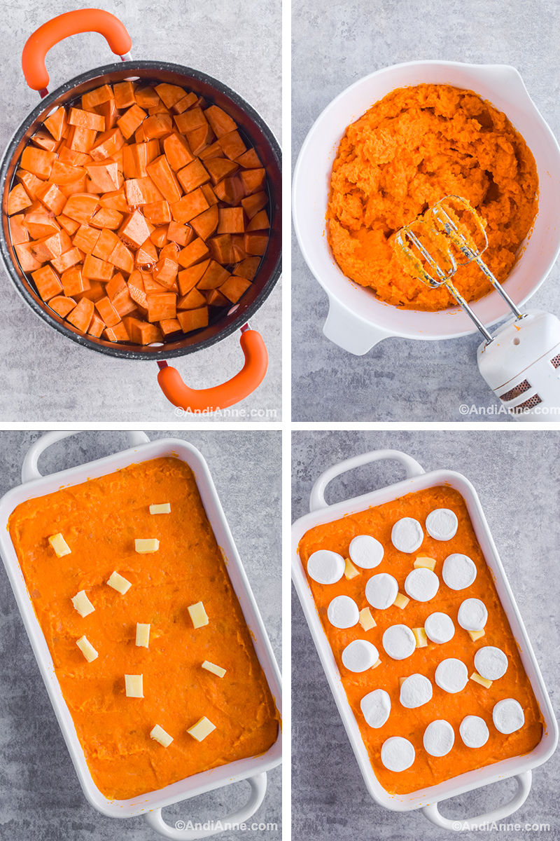 Four images together. First is pot of chopped sweet potato with water. Second is white bowl with mashed sweet potato and hand mixer. Third is mashed sweet potato spread into white casserole dish and chunks of butter on top. Four has marshmallows on to of casserole dish recipe.