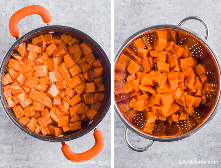 Chopped sweet potato with water in a pot. Drained cooked sweet potato in a strainer.