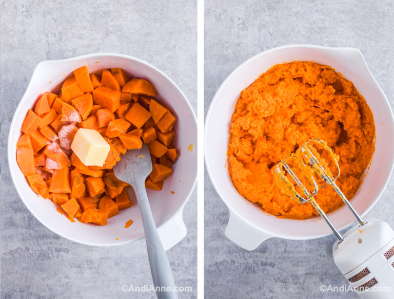 Cooked chunks of sweet potato in a white bowl with butter. Mashed sweet potato in white bowl with a hand mixer.