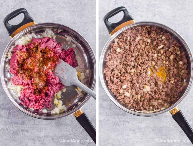 Two images of a pot: first with raw ground beef, spices and chopped onion. Second with cooked ground beef and onions mixed together.