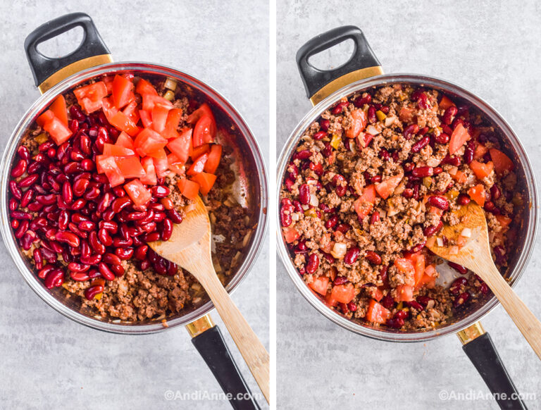 Two images of a pot: first with kidney beans and tomatoes on top of cooked ground beef. Second with ingredients mixed together.