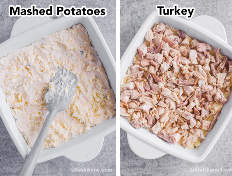 Two images of square casserole dish: first with mashed potatoes, second with chopped turkey.