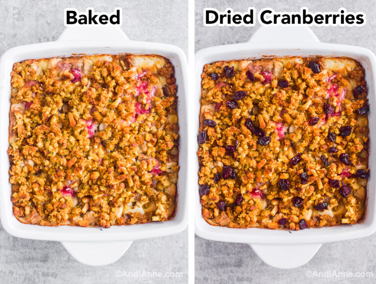 Two images of white casserole dish: first with baked recipe, second with dried cranberries on top.