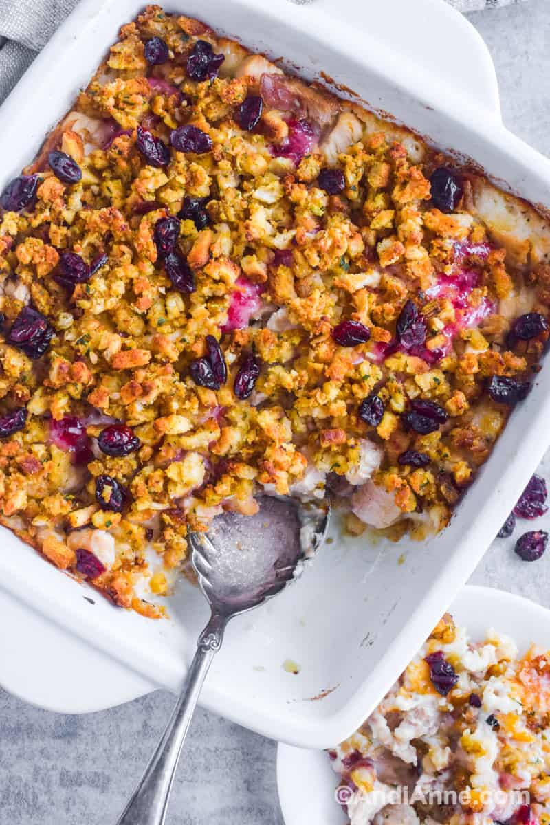 Looking down at stuffing and dried cranberries in recipe with scoop taken out and large silver spoon. A small plate with the recipe is beside the dish.