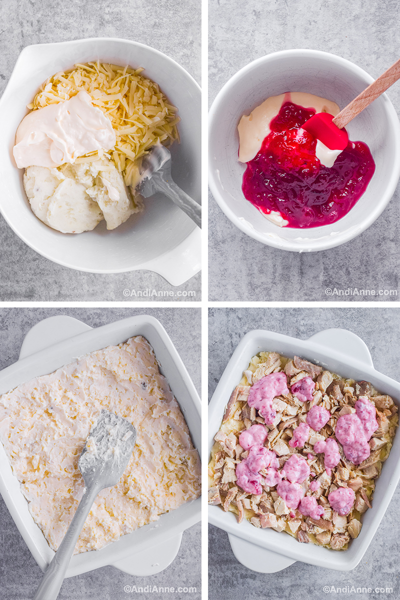 Four images of how to make recipe. First is shredded cheese, mashed potatoes and mayonnaise in a bowl. Second is cranberries and mayonnaise with a spatula. Third is mashed potatoes in a square casserole with a spatula. Fourth is chopped turkey in dish with cranberry sauce dumped on top.