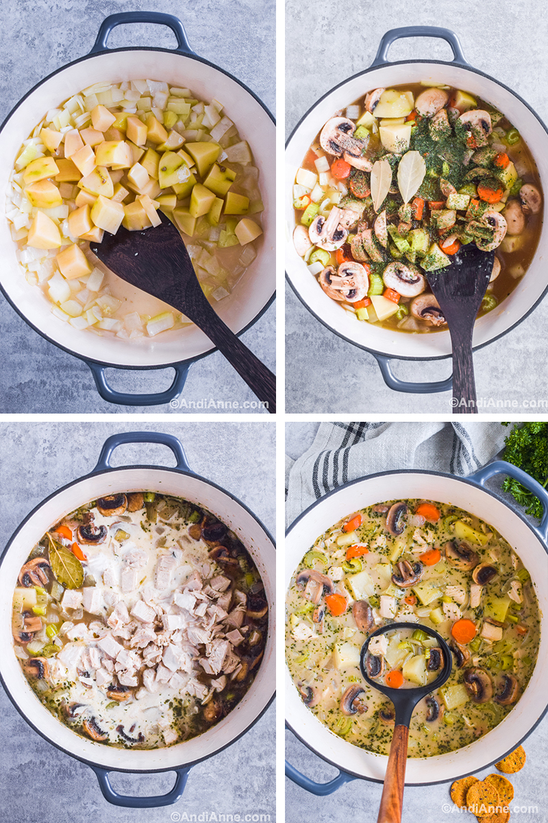 Four images of blue dutch oven pot. First is onion and potatoes in pot with wood spatula. Second is added mushrooms, carrots, potatoes, spices and broth. Third cream and chopped turkey is poured into soup. Four is cooked final turkey stew with fresh vegetables and herbs. 