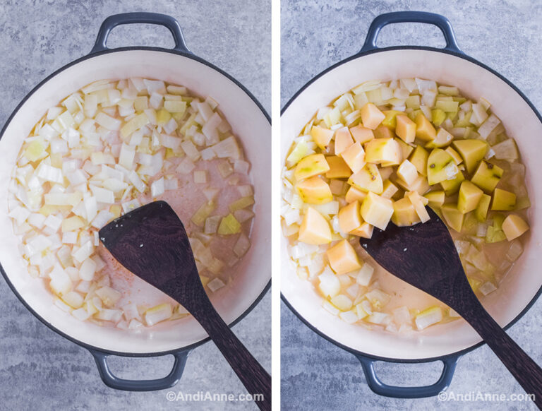 Chopped onion in a pot with spatula. Chopped potatoes and onions in a pot with spatula.