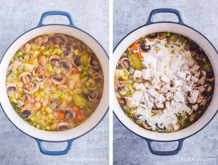 Two images of soup pot: first with soup ingredients, second with cream poured on top of soup.