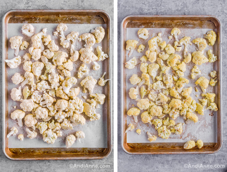 Before and after photos of cauliflower florets on baking sheet raw then cooked.