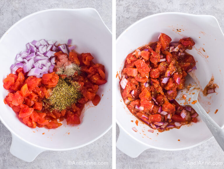 Two images of A white bowl with diced tomatoes, chopped onion, and spices. First unmixed, second is mixed.