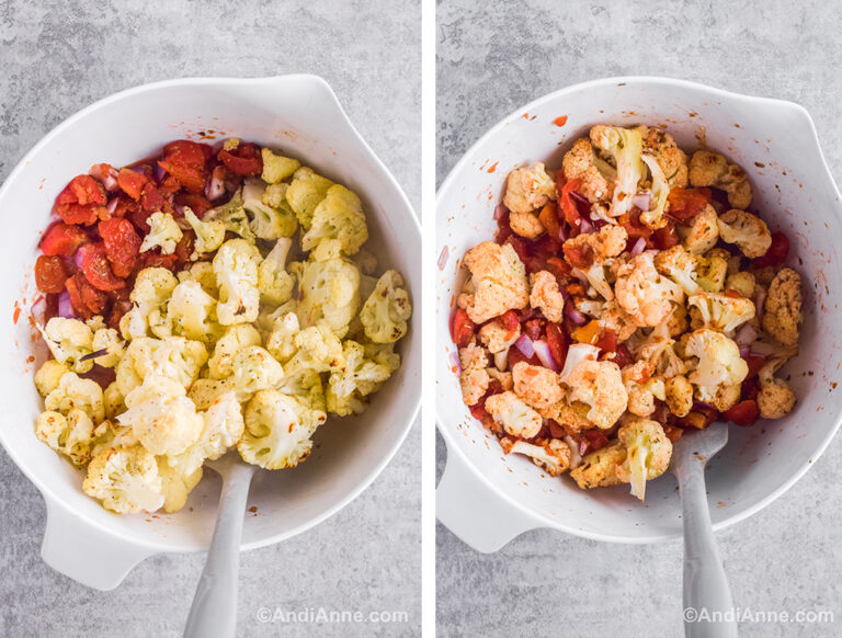 Two images of a white bowl, first is cauliflower florets and diced tomatoes. Second is ingredients mixed together in bowl and a spatula.