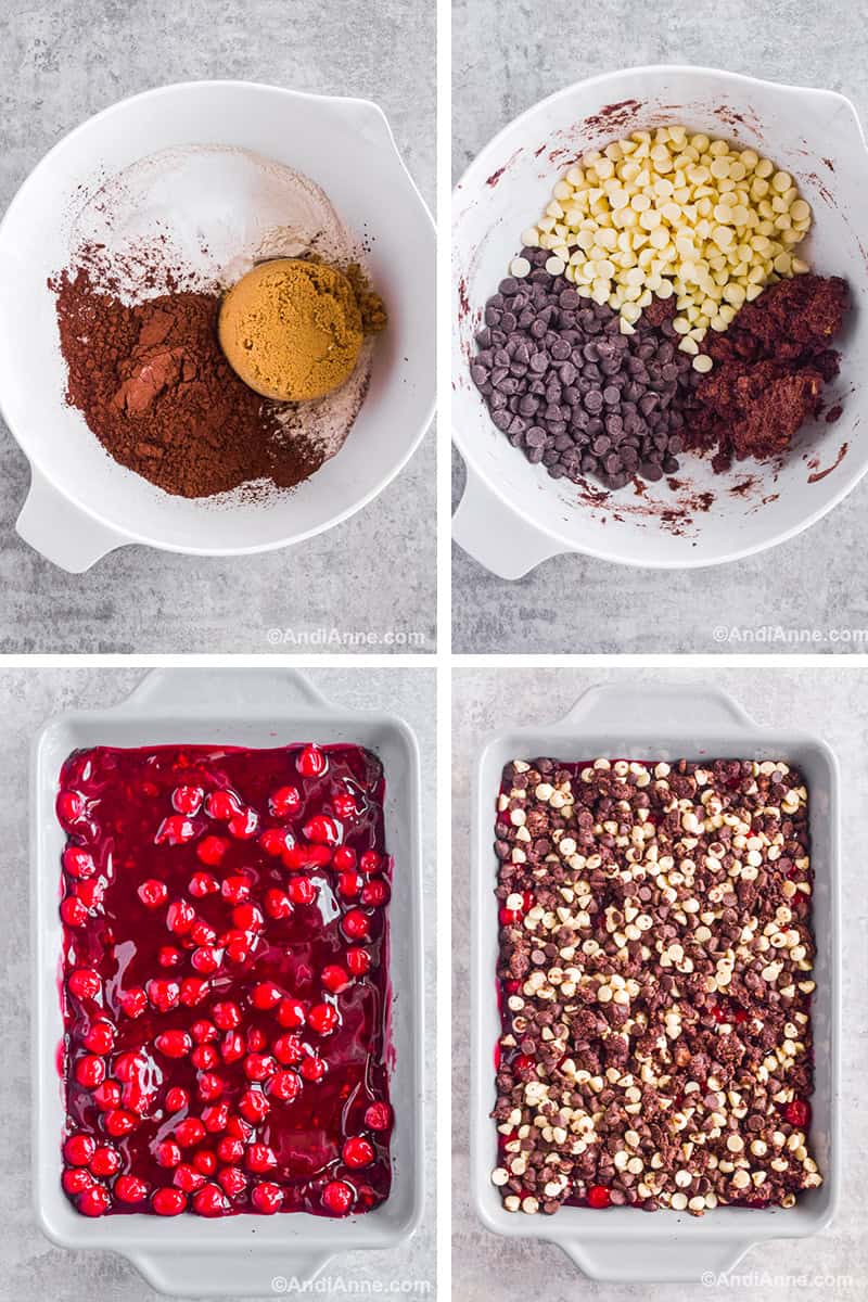 Four images of steps to make recipe. First is bowl with dry ingredients dumped in and unmixed. Second is chocolate chips, white chocolate chips and cookie crumb in white bowl. Third is cherry pie filling poured into casserole dish. Fourth is chocolate chips mixed with cookie crumb on top of pie filling in casserole dish.