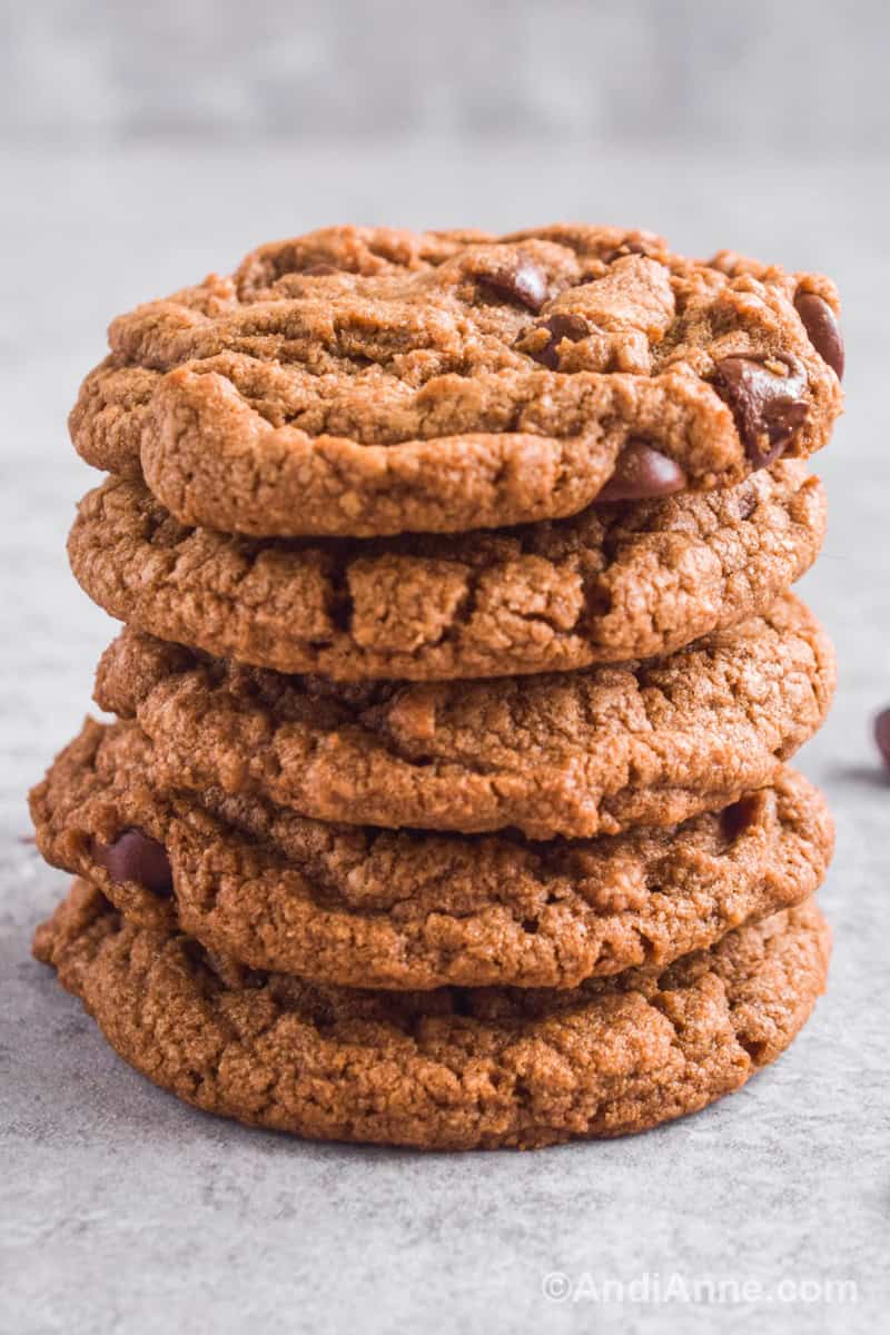 A stack of double chocolate chip cookies piled on top of eachother.