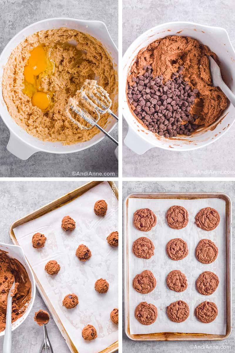 Four images showing steps to make recipe. First is a white bowl with the batter, eggs and a hand mixer. Second is chocolatey batter with chocolate chips and a spatula. Third is a baking sheet with balls of cookie dough and a cookie scoop beside it. Fourth is a baking sheet with baked cookies.
