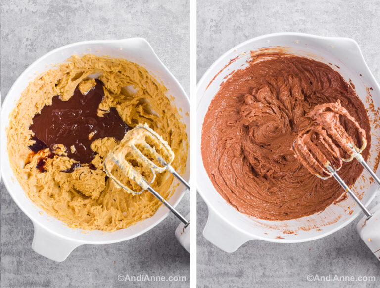 Two images of a white bowl. First is dough and chocolate on top. Second is chocolate brown dough with hand mixer.