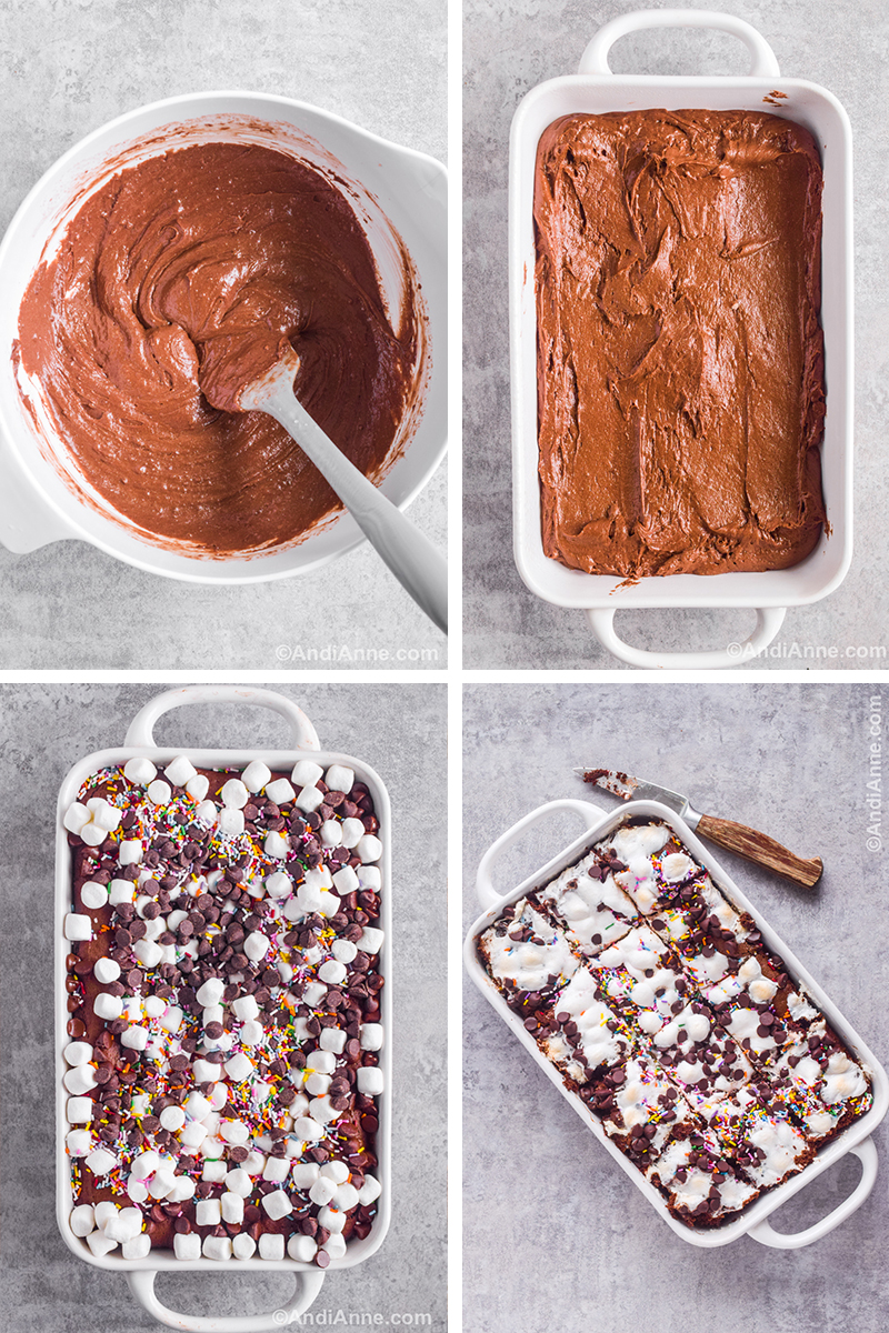 Four images showing steps to make recipe. First is bowl with chocolate cake batter and spatula. Second is cake batter in a rectangular baking dish. Third is Cake topped with marshmallows, chocolate, and sprinkles. Fourth is sliced finished dessert in dish with a knife beside it.