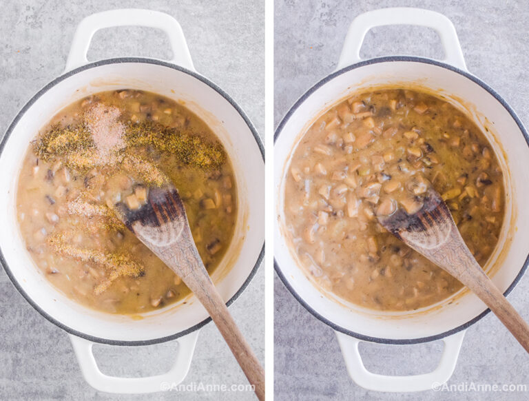 Two images of a white pot: first is spices dumped on top of mushroom sauce. Second is spices mixed into sauce.