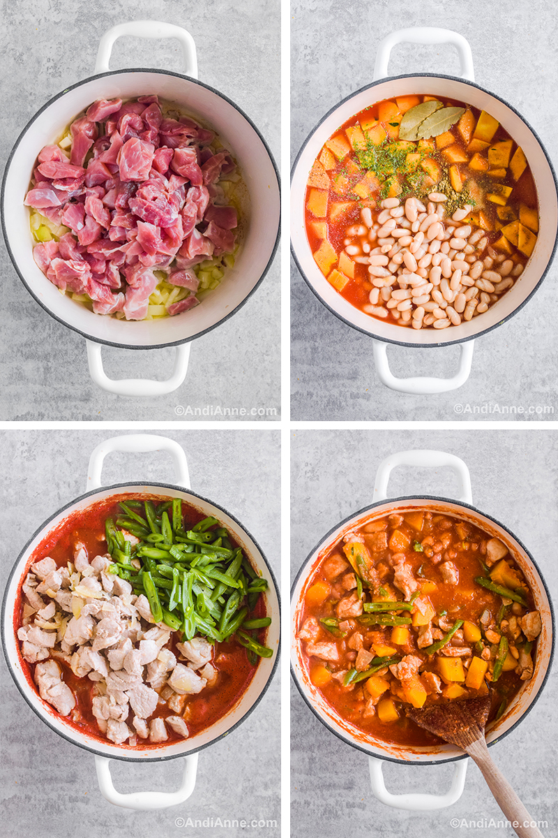 Four images of a white pot showing steps to make the recipe. First has raw pork cubes and onions. Second has white beans, chopped squash, spices and red liquid. Third has cooked pork and green beans on top of soup. Fourth is final soup ingredients all mixed together with a wood spatula.