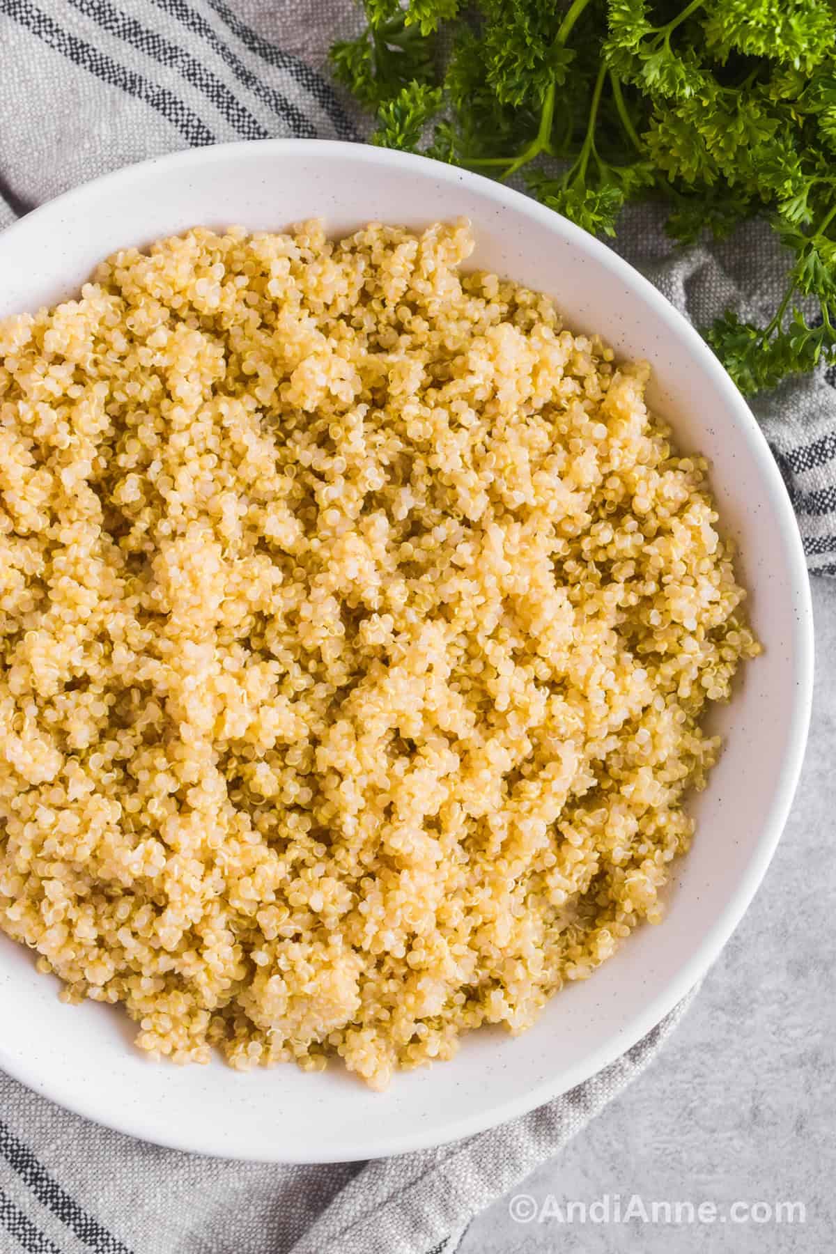 A white bowl with cooked quinoa inside.