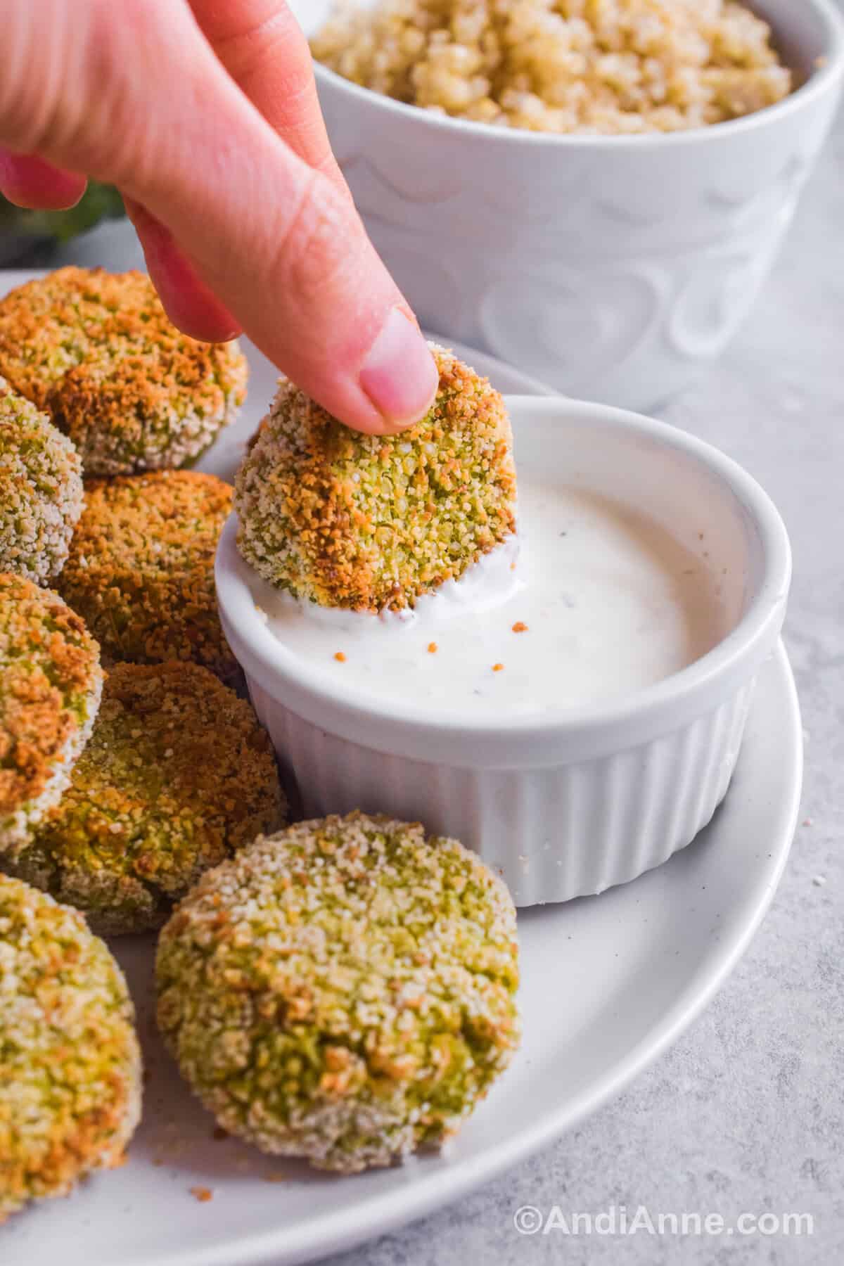 A hand dipping one nugget into small bowl with ranch dipping sauce, and pile of nuggets on surrounding white plate. Small bowl of quinoa is in background.