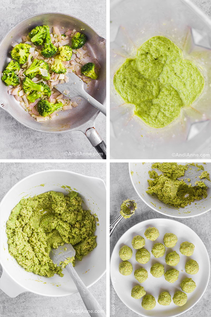 Four images showing steps to make the recipe. First is frying pan with chopped cooked onion, garlic and broccoli florets. Second is looking down at pureed broccoli mixture in blender. Third is green quinoa broccoli mixture in a white bowl with spatula. Fourth is a plate of green balls, bowl of green quinoa mixture and a cookie scoop. 