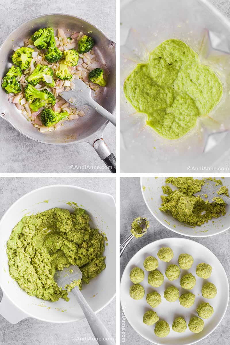 Four images showing steps to make the recipe. First is frying pan with chopped cooked onion, garlic and broccoli florets. Second is looking down at pureed broccoli mixture in blender. Third is green quinoa broccoli mixture in a white bowl with spatula. Fourth is a plate of green balls, bowl of green quinoa mixture and a cookie scoop.