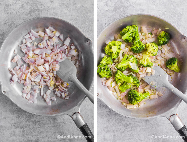 Two images of a frying pan: first with cooked onion, second with cooked broccoli added in and a grey spatula.