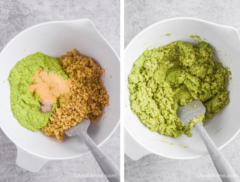 Two images of a white bowl. First with pureed broccoli, quinoa, spices and breadcrumbs. Second with green mixture and spatula.