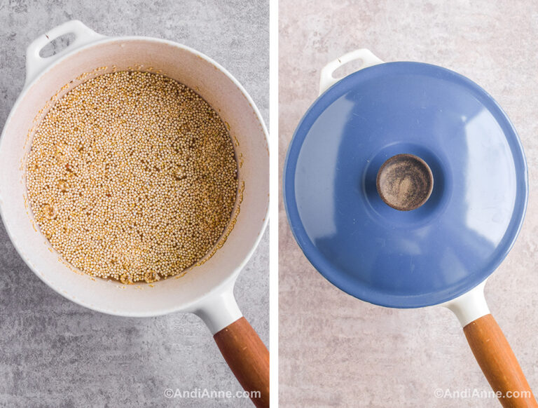 Two images of a white pot, first with uncooked quinoa and water. Second with a blue lid on top.