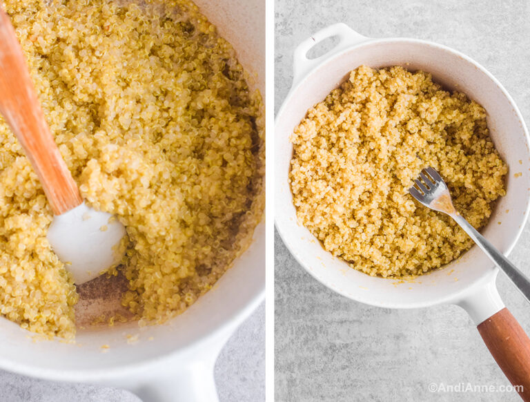 Two images of a white pot with cooked quinoa and a spoon.