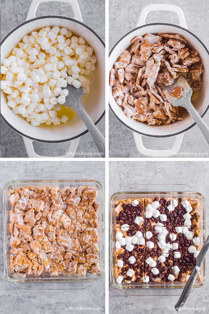 Four images to make the recipe including white pot with marshmallows, melted butter and spatula. White pot with broken graham crackers in melted marshmallows with spatula. A glass baking dish with broken graham crackers in melted marshmallows pressed into bottom. And finished recipe in square glass dish with a knife beside it.