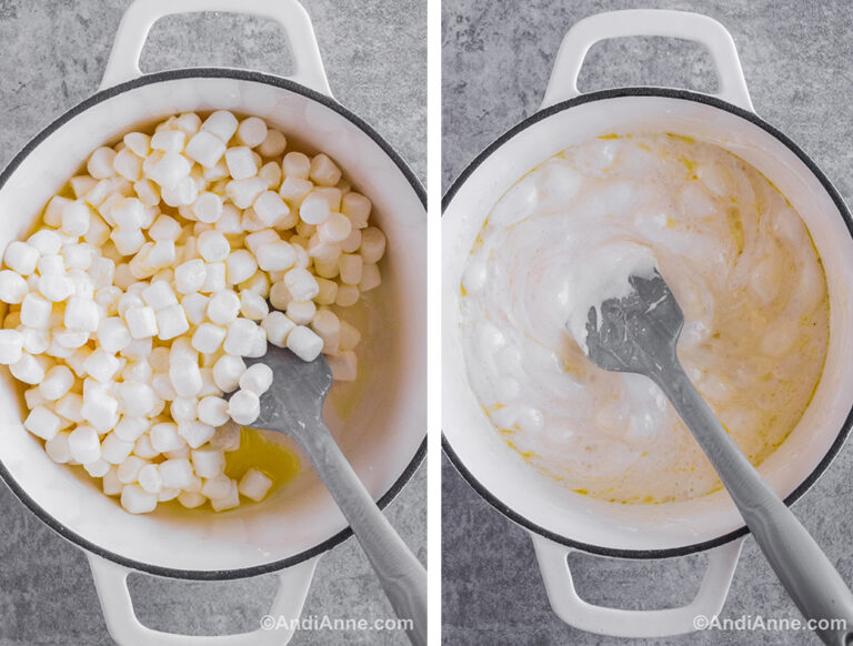 Two images of a white pot: first has marshmallows dumped on top of melted butter. Second has melted marshmallows combined with butter and a spatula.