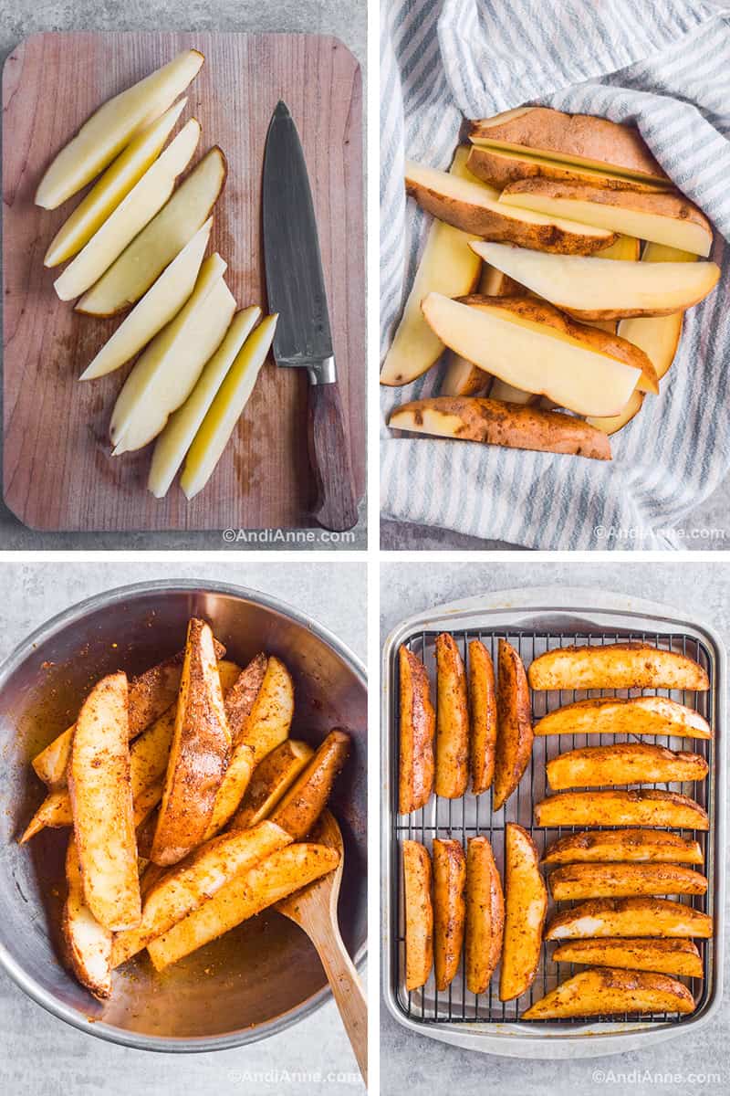 Four images of different steps to make the recipe. First is chopped potato slices on a cutting board. Second is wedges on a kitchen towel. Third is potato wedges in a steel bowl tossed with spices and a spatula. Fourth is wedges on a baking rack in a single layer.