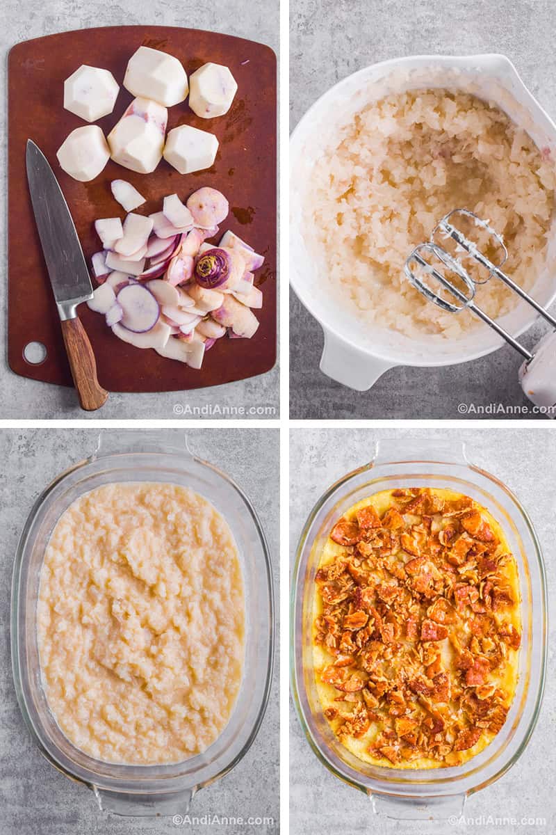 Four images together. A cutting board with sliced turnips. A bowl with mashed turnips and hand mixer. Mashed turnips inside a glass casserole dish. Baked turnip casserole with cracker crumbs in glass baking dish.