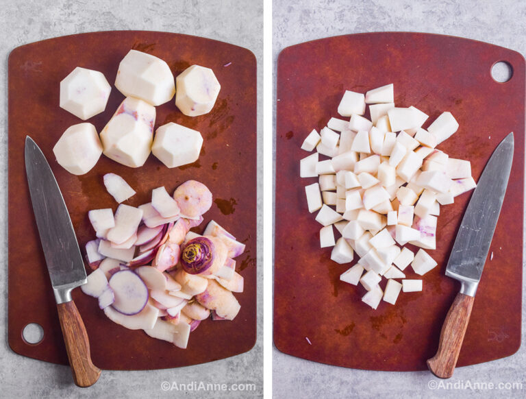 Two images of a cutting board. First is turnips with skin sliced off. Second is turnips chopped small.