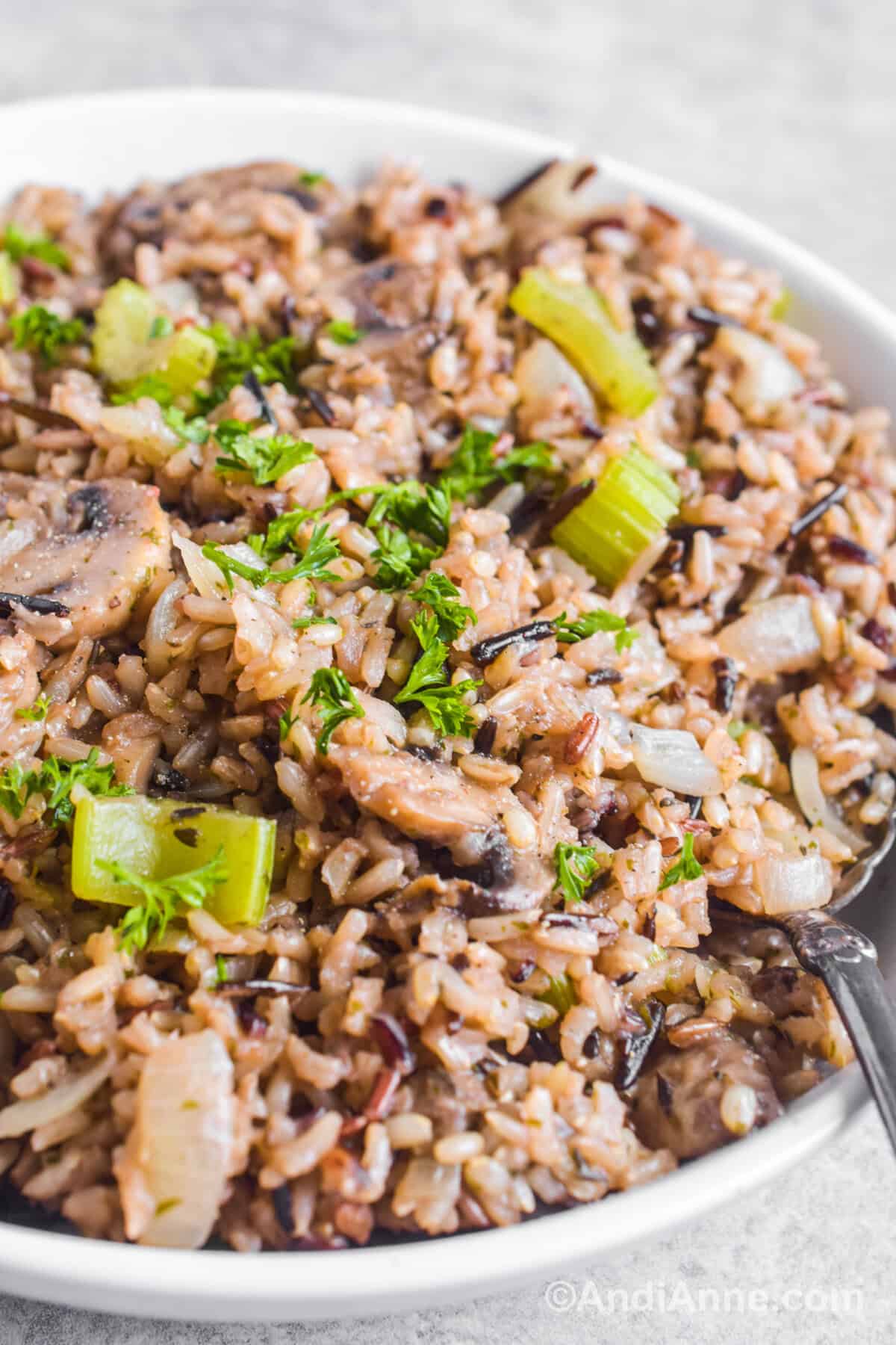 Close up of wild rice stuffing recipe on a white plate.