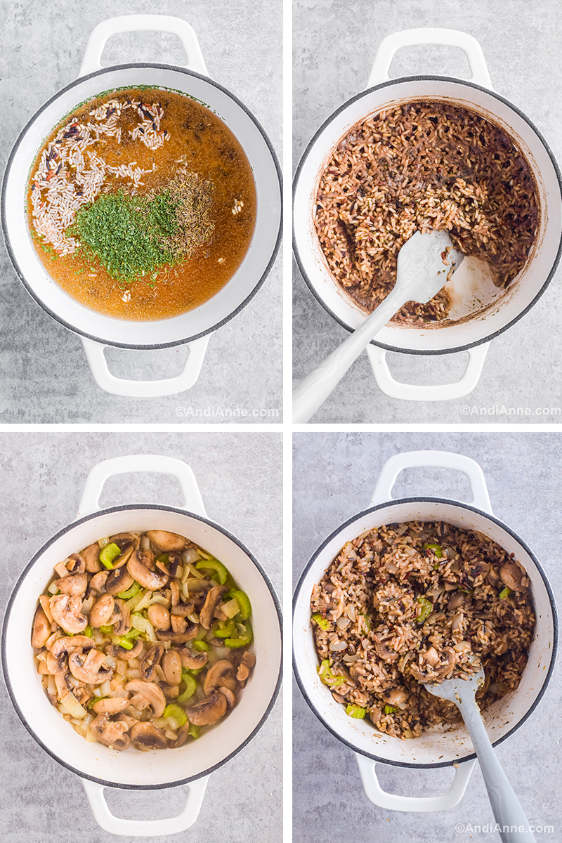 Four images of a white pot, first image is broth, dried herbs and uncooked rice. Second is cooked rice with a spatula, Third is Sauteed mushrooms, celery and onion. Fourth is cooked wild rice mixed with mushrooms and celery and a spatula.