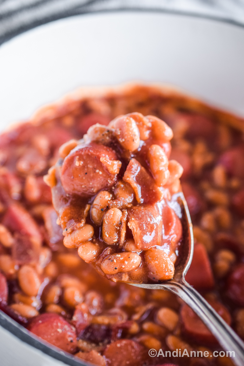 Close up of hot dog and beans recipe on a spoon.