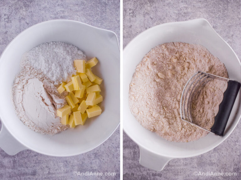 Two images of a white bowl, first with chopped butter, flour and confectioners sugar. Second with flour mixture together and a pastry cutter.