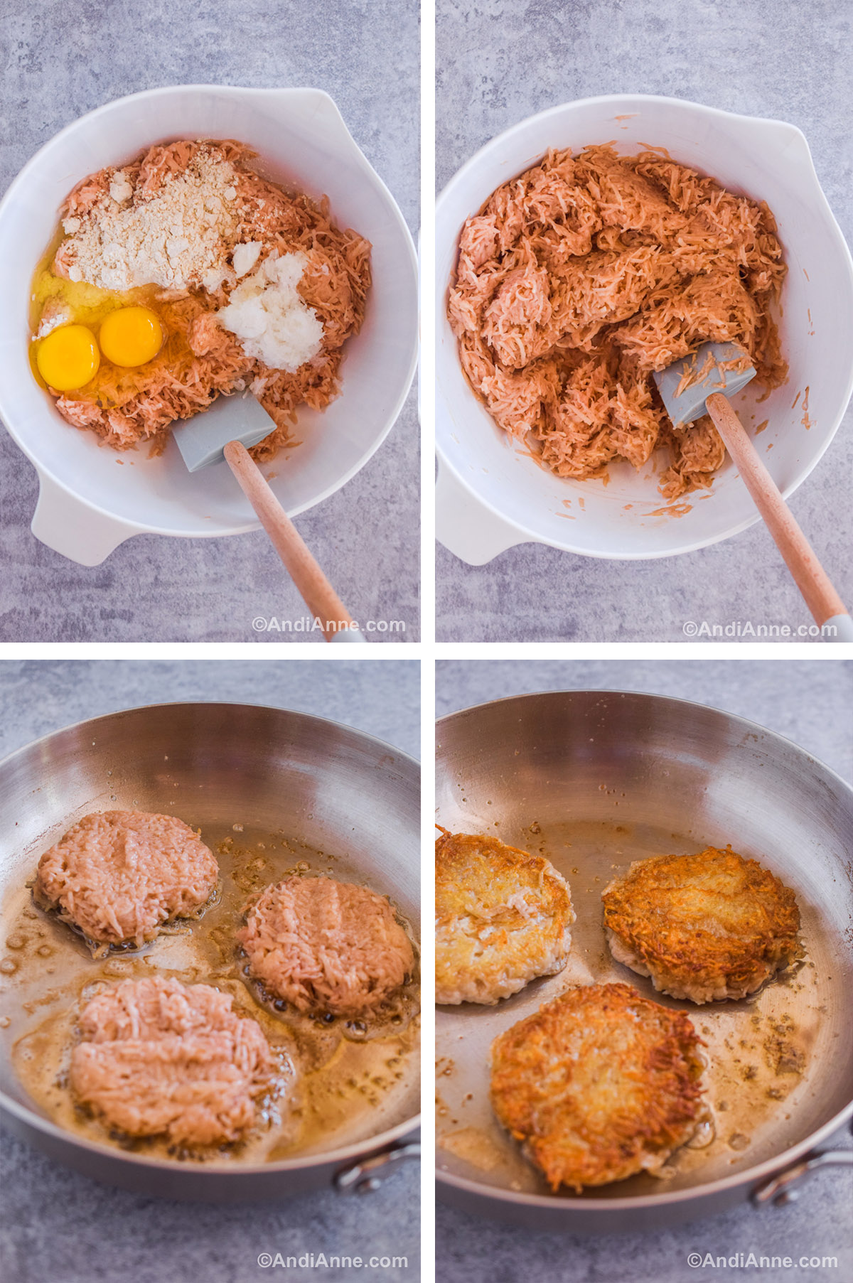 Four images showing various steps to make the recipe. A white bowl before and after all ingredients are dumped in and mixed. A frying pan with raw pancake patties and then golden brown patties.