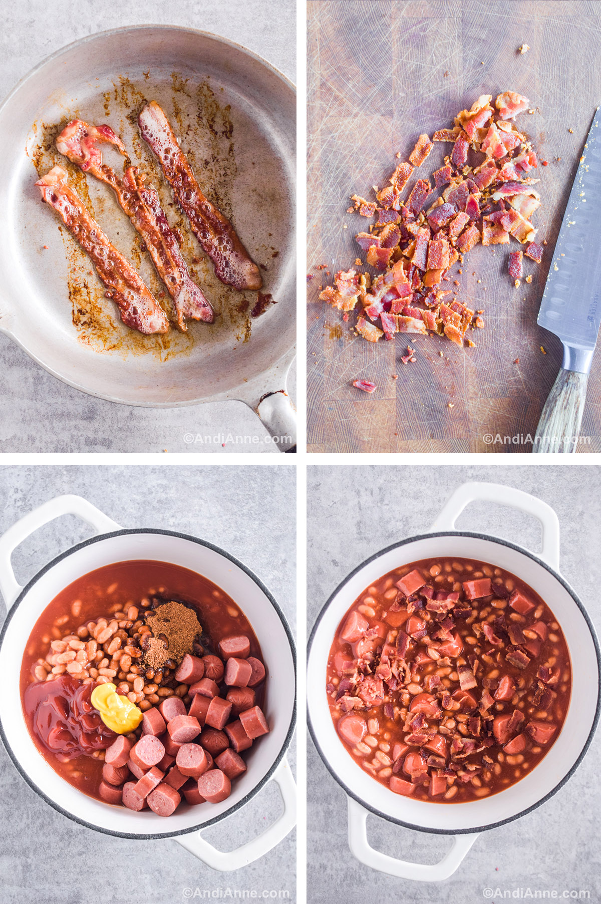 Four images showing steps to make recipe. Bacon cooking in a frying pan. Crumbled bacon with a knife on a cutting board. Beans, chopped wieners, ketchup, mustard and brown sugar in a white pot. Final wieners and beans recipe in white pot with crumbled bacon on top.