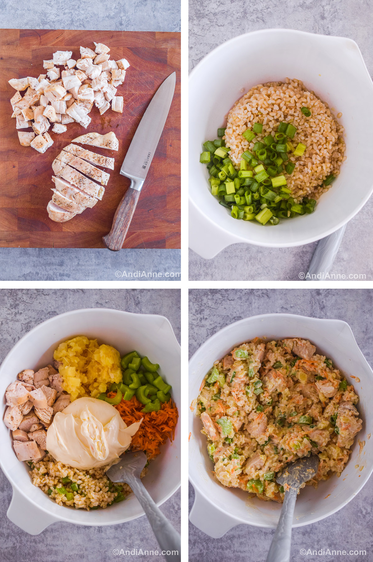 Four images showing steps to make the recipe. First is chopped chicken and a knife. A bowl of rice and green onion. Chopped chicken, crushed pineapple, rice, shredded carrots and mayonnaise in a white bowl with a spatula. All ingredients mixed together in a white bowl with a spatula.