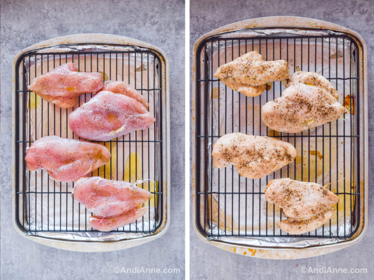 Four chicken breasts on a baking sheet with a rack. First image is raw chicken, second image is cooked chicken.