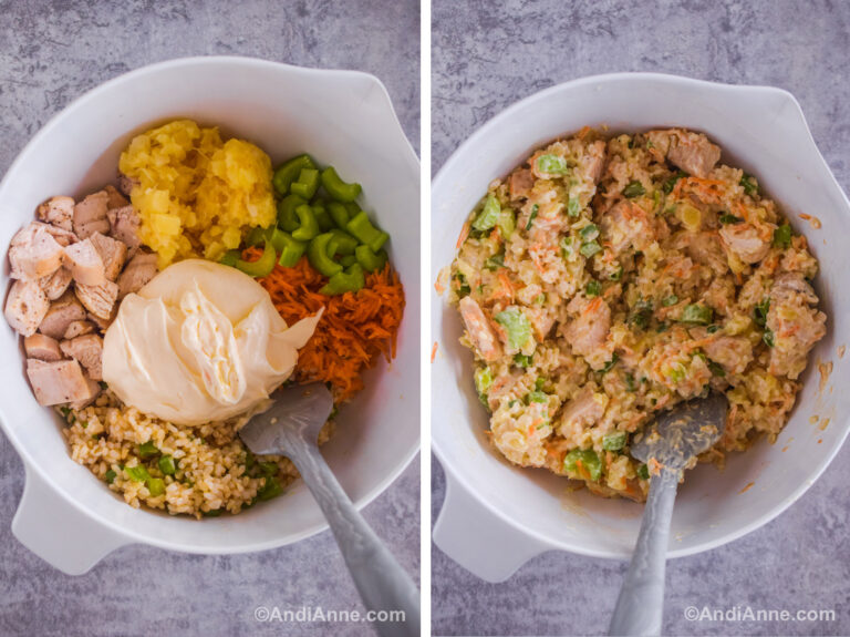 Two images of a white bowl. First with crushed pineapple, rice, mayonnaise, grated carrots and chopped celery in a bowl. Second is ingredients mixed together with a spatula in the bowl.