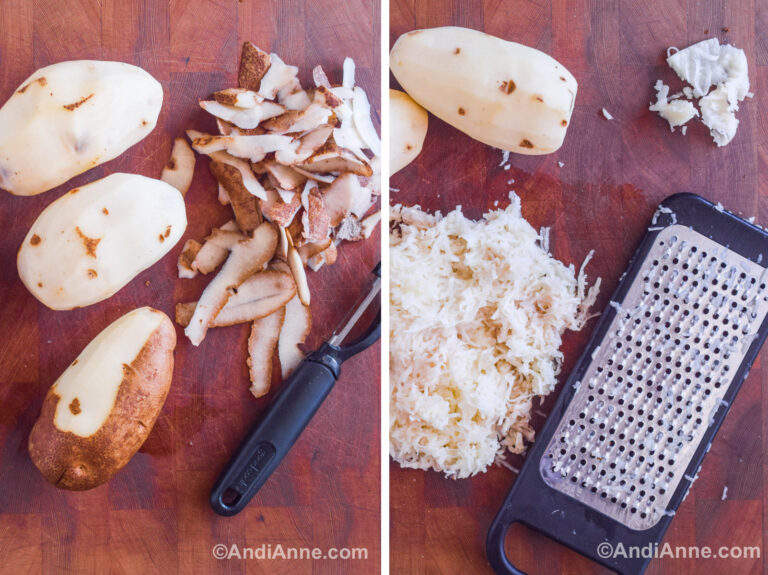 Potatoes peeled with a vegetable peeler then shredded with a cheese grater.