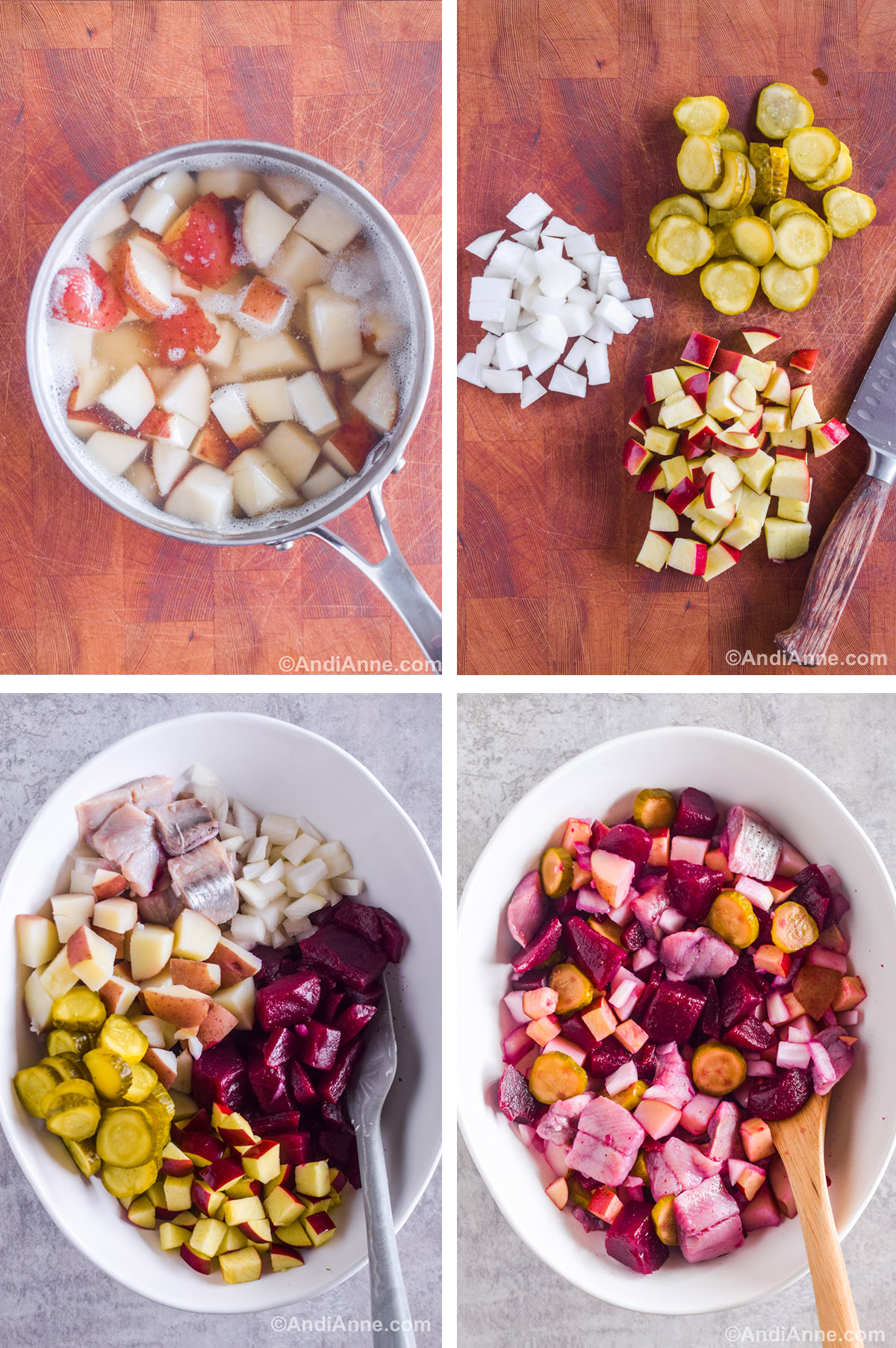 Four images together: A pot of boiled potatoes in water. Chopped onion, apple and pickles with a knife. A bowl with chopped herring, onion, apples, potatoes, beets and pickles. And mixed ingredients with a pinkish hue from beets all in a white bowl together.