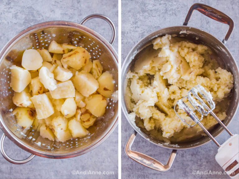 Cooked potatoes in a strainer. And cooked mashed potatoes in a pot with an electric mixer.