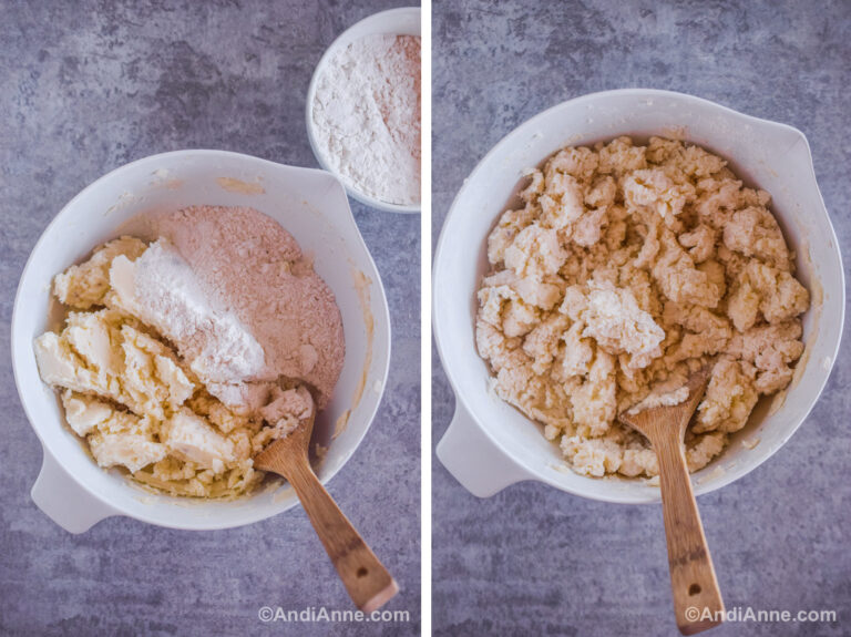 Two images. First is mashed potatoes, flour and wood spatula. Second is dough mixture in white bowl.